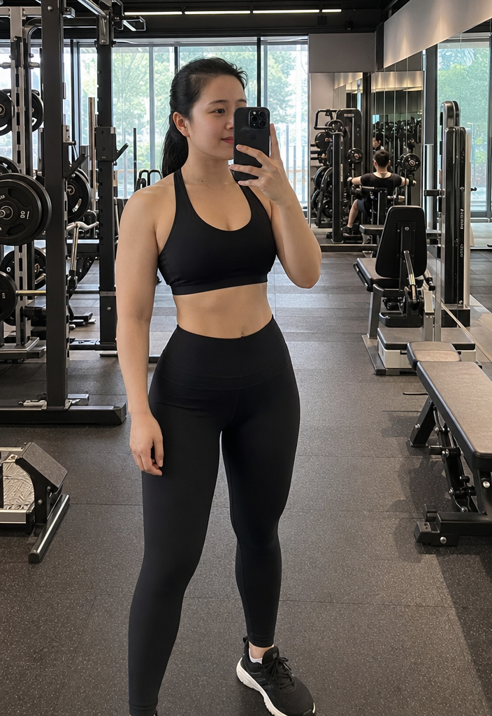 生成这位女性的ins风自拍全身照，其中的她身材健壮且曲线惊人地前凸后翘，臀围和胸围都在100cm以上。同时为了方便健身，她穿着方便运动的黑色运动...