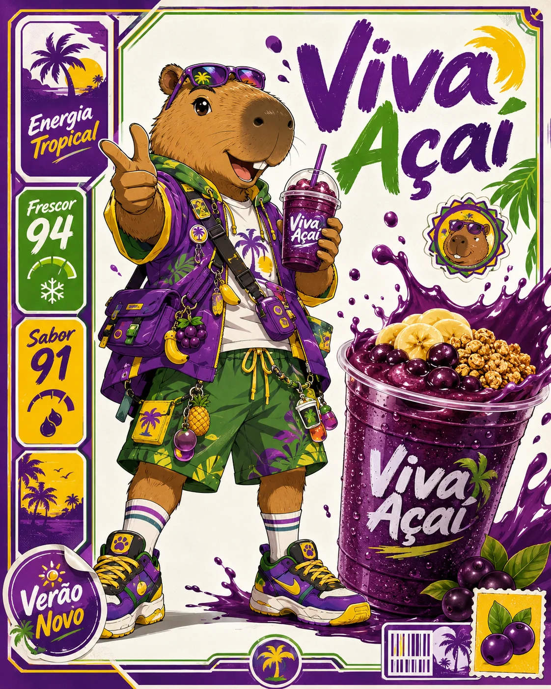 Cartaz de mascote de bebida de açaí em português