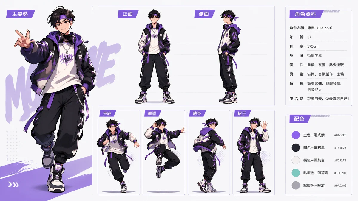 Character action pose turnaround sheet with movement studies and pose notes