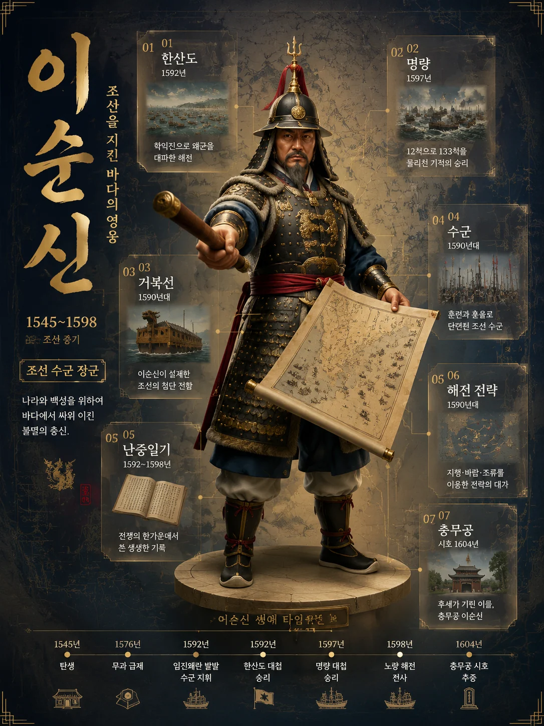 Korean 3D biography poster for a historical admiral and explorer