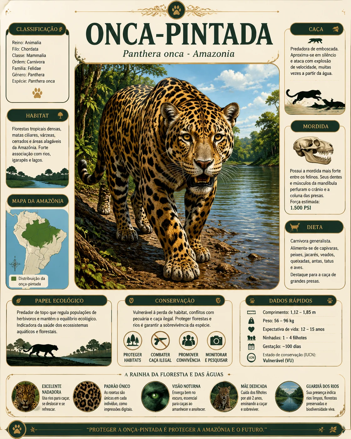 Cartao de guia natural em portugues sobre onca-pintada amazonica
