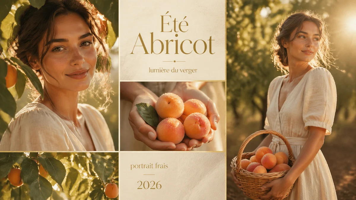 Tableau de campagne français avec portrait et abricots au verger
