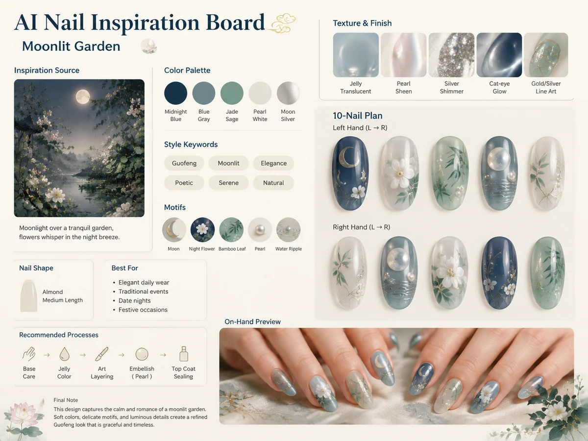 English AI nail inspiration board translating artwork into a ten-nail design