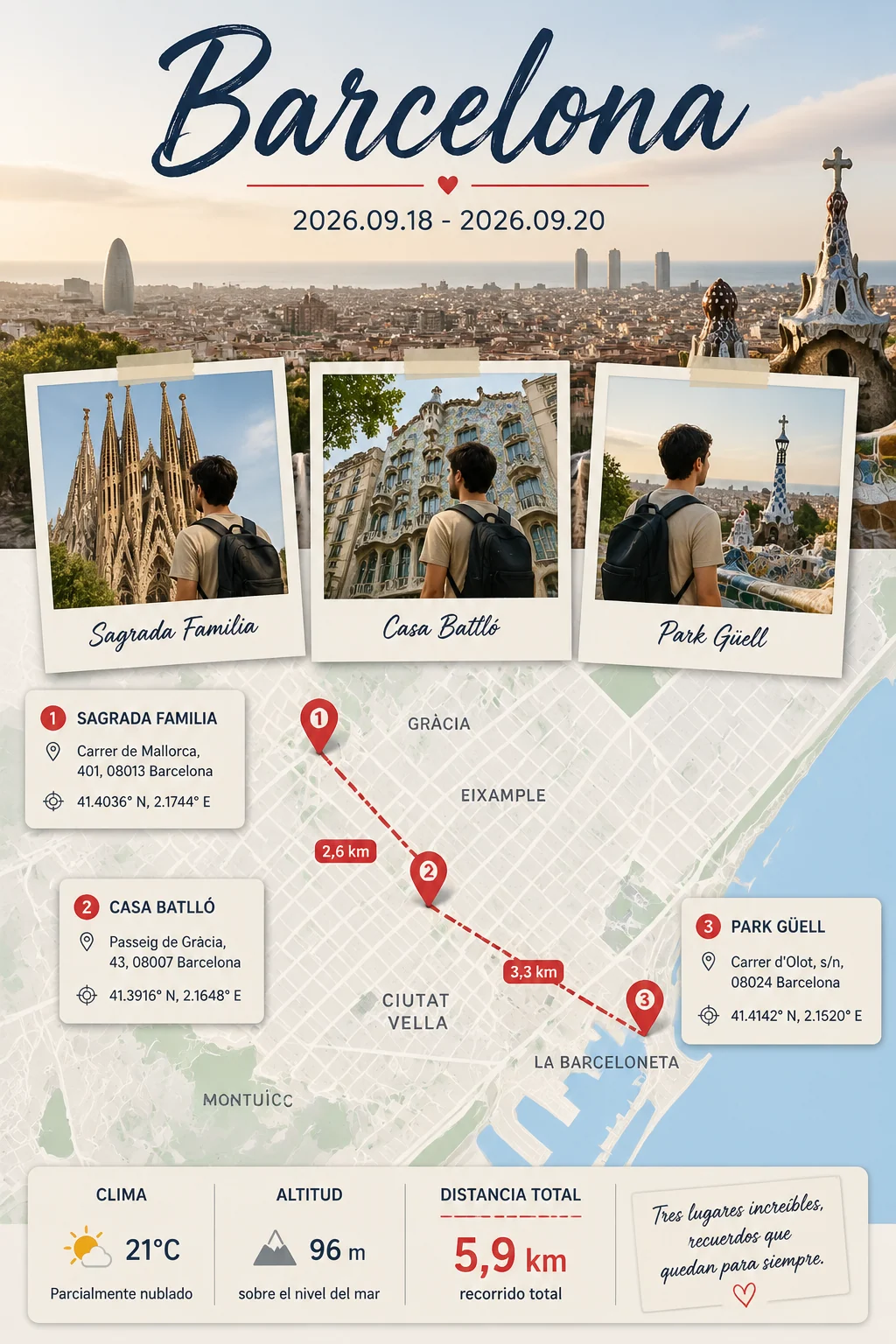 Póster de recuerdo de viaje por Barcelona con ruta y fotos