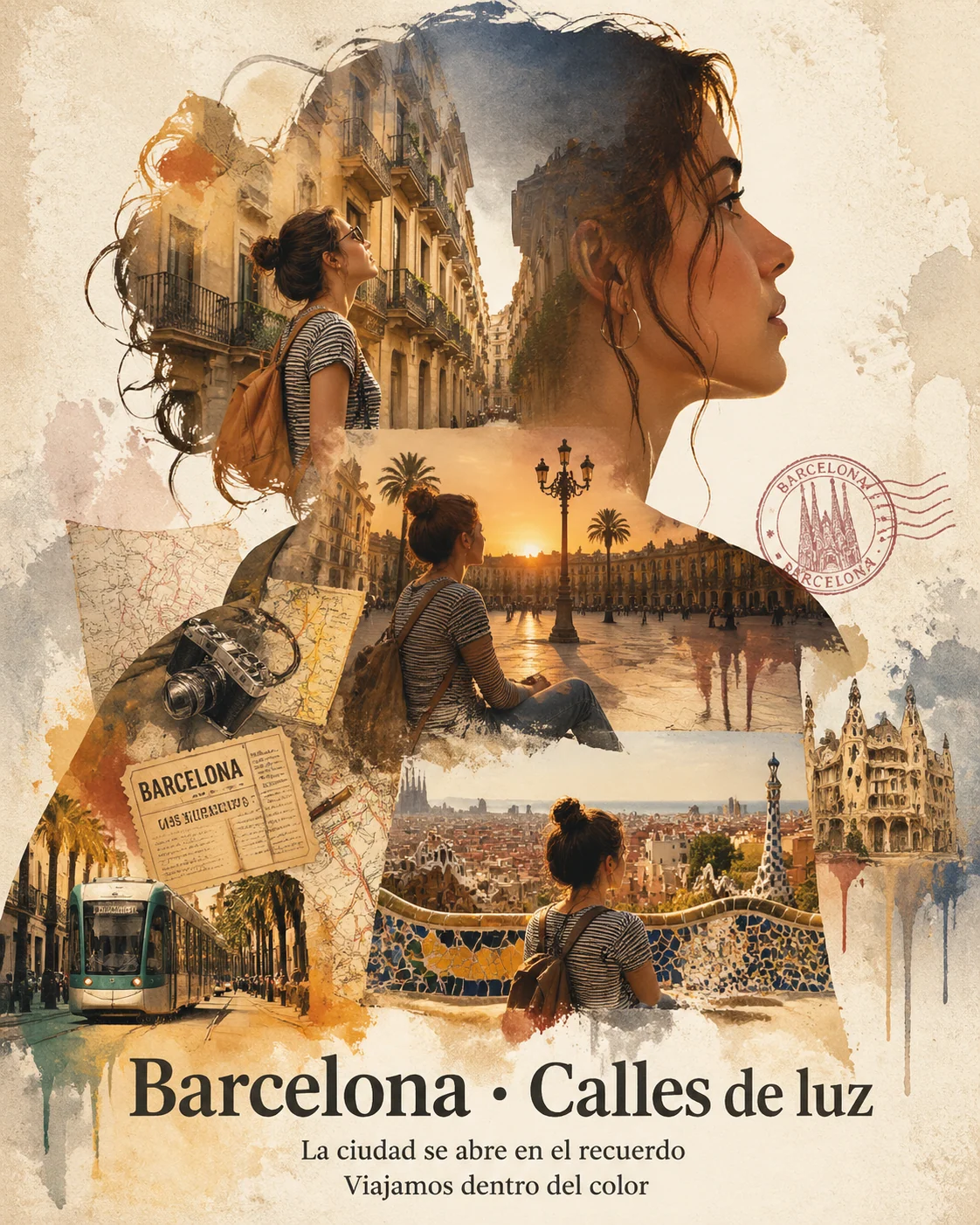 Póster espanol de viaje con silueta y collage de Barcelona