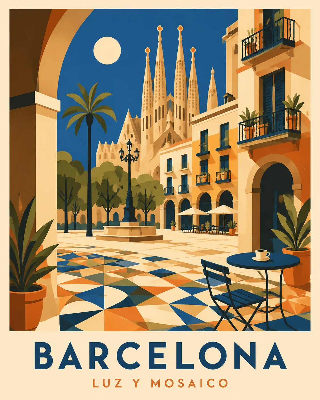 Flaches Vektor-Reiseposter mit Barcelona-Kachelmotiv als Beispiel