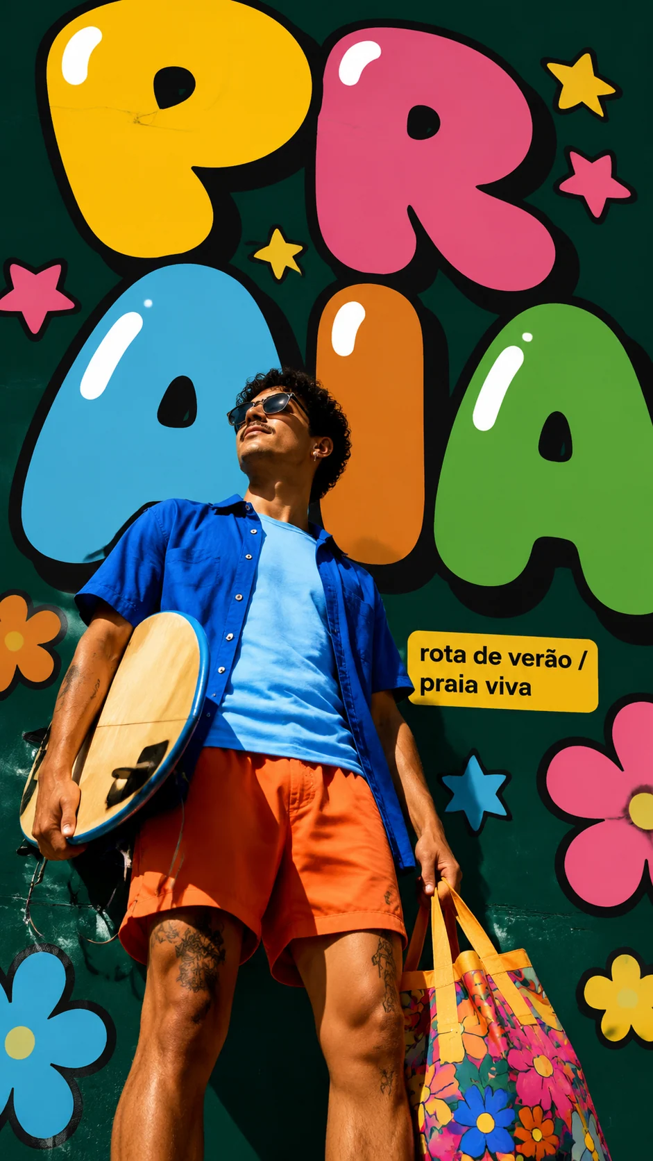 Portuguese beach shuttle poster with Pop bubble letter wall