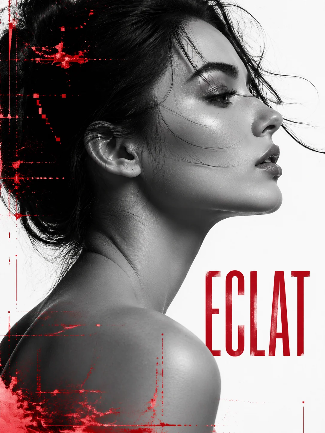 Beauty profile cover portrait with black white and crimson glitch texture