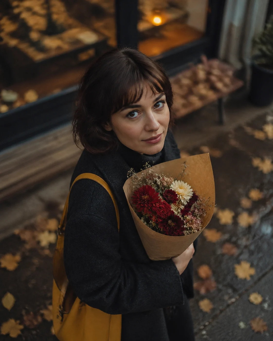 Berlin autumn flower portrait with nostalgic film grain