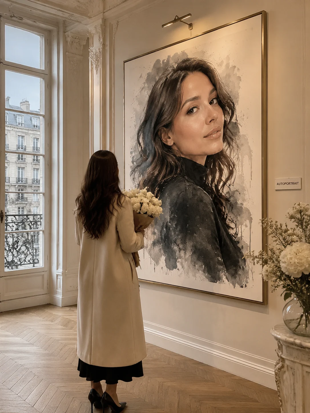 Exemplo de autorretrato preto e branco em galeria minimalista de Berlim
