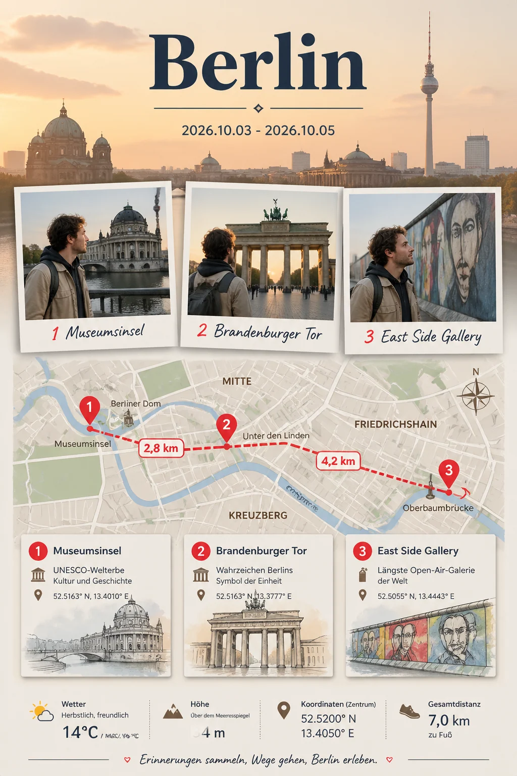 Berliner Museumsrouten-Reiseposter mit Karte und Polaroids