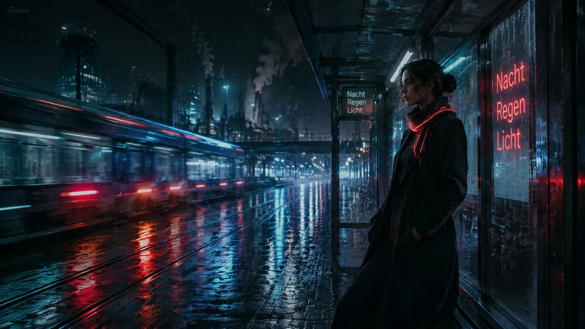 Anime-Portrat an einer regennassen Neon-Haltestelle in Berlin