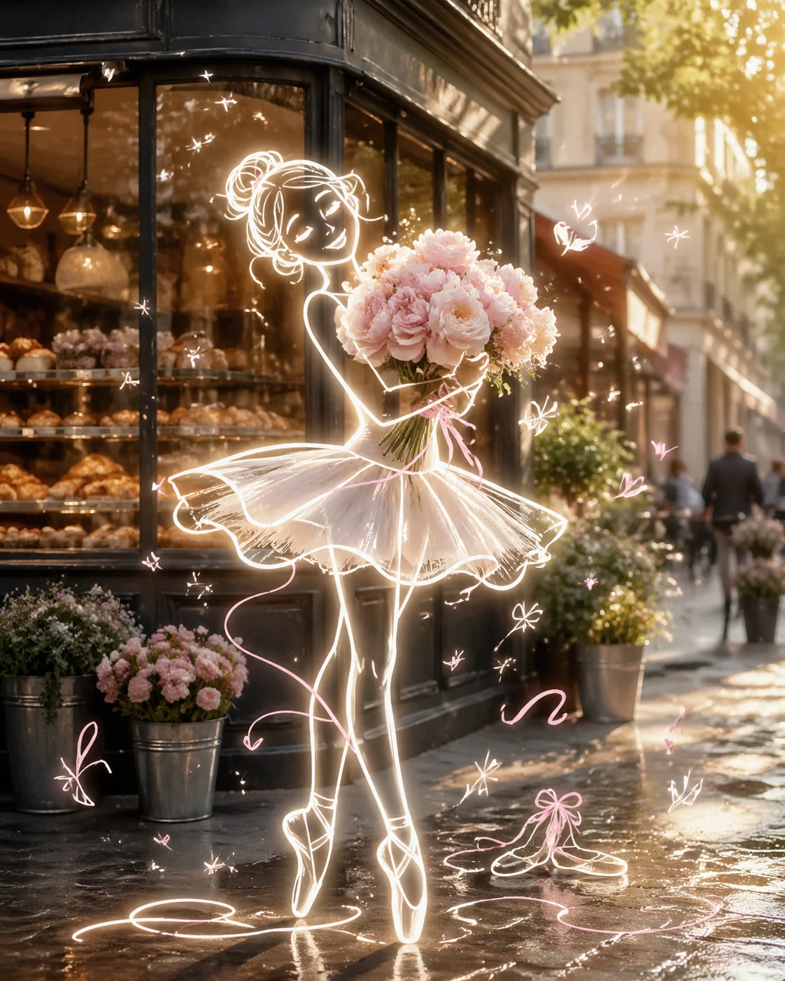 Neon dog holding a blue umbrella on a Berlin rainy street