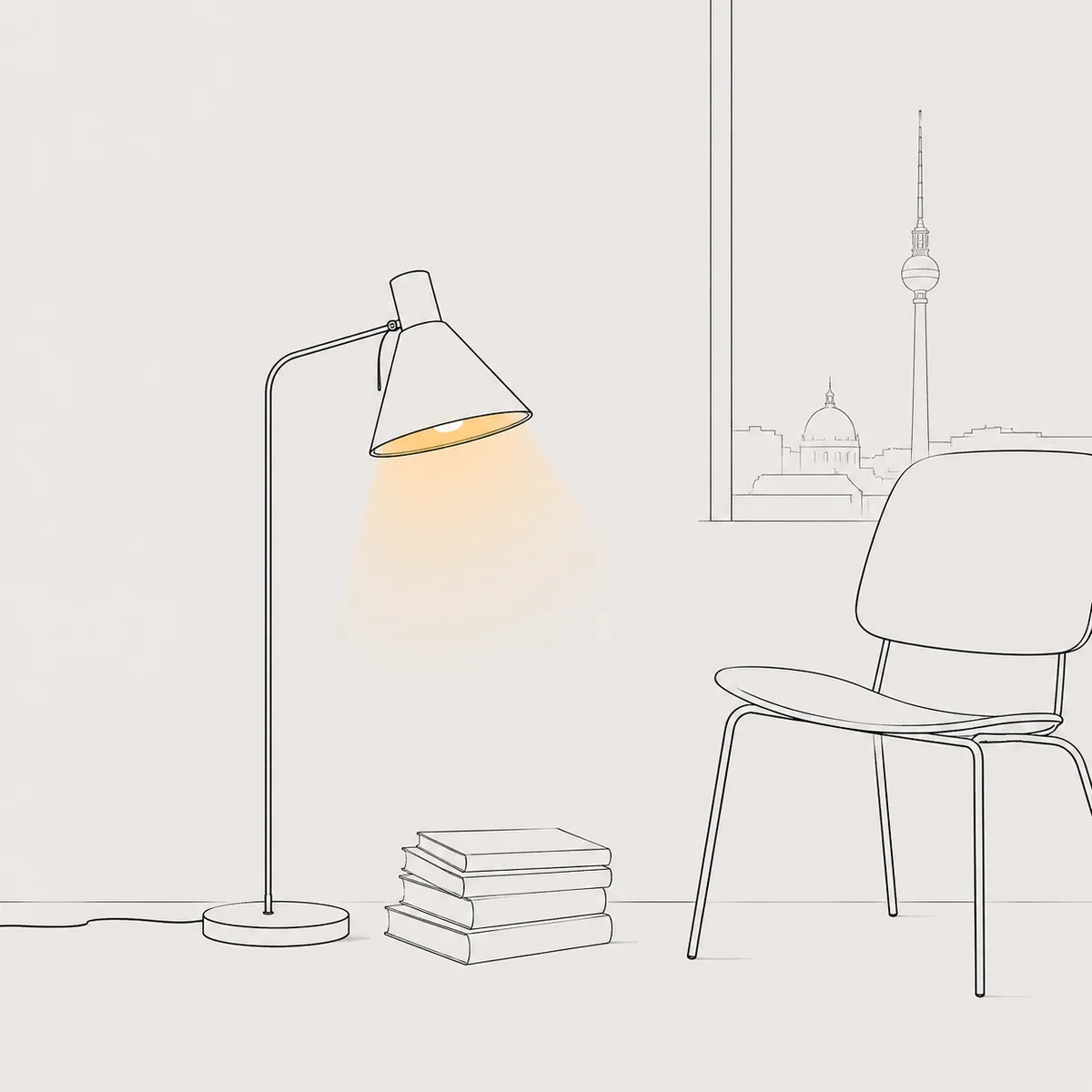 Minimal reading lamp illustration with amber accent