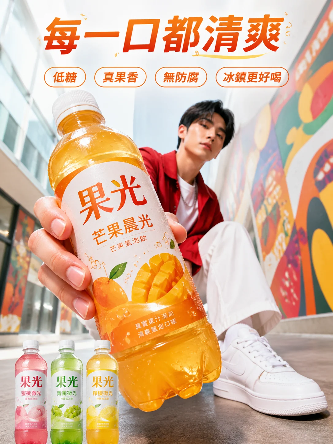 Forced-perspective beverage campaign poster