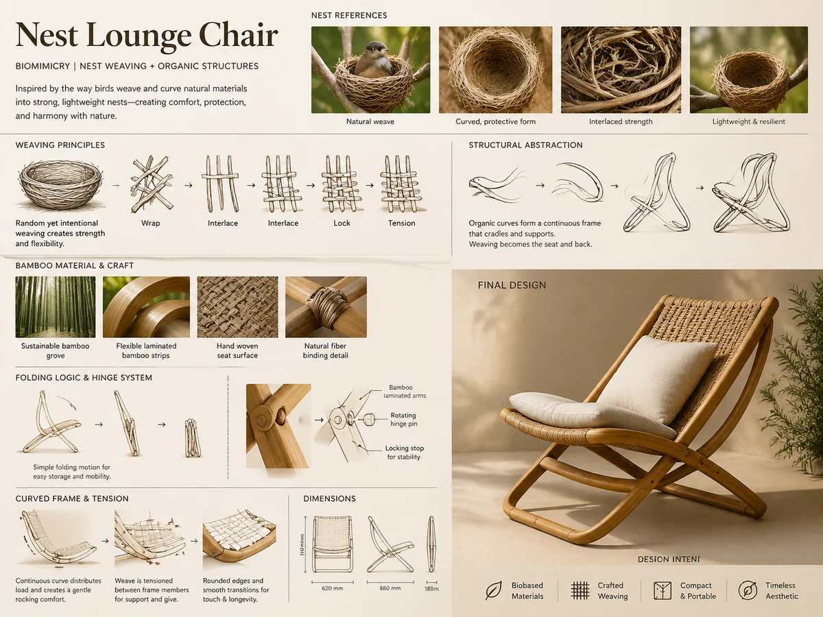 Biomimicry concept board turning bird nest construction into a lounge chair