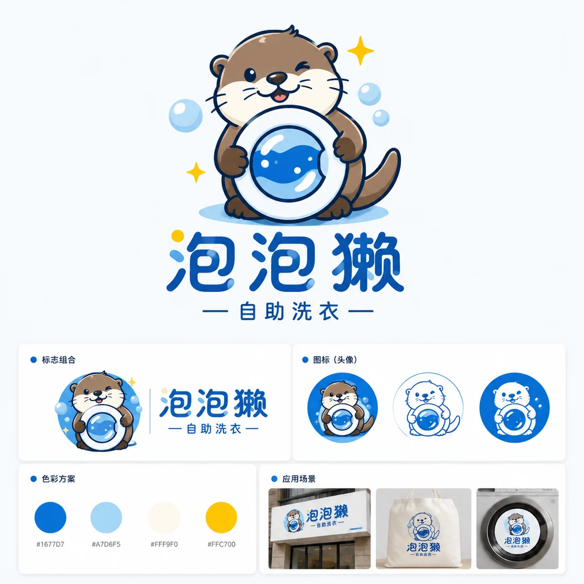 水獭自助洗衣品牌动物吉祥物 Logo 示例