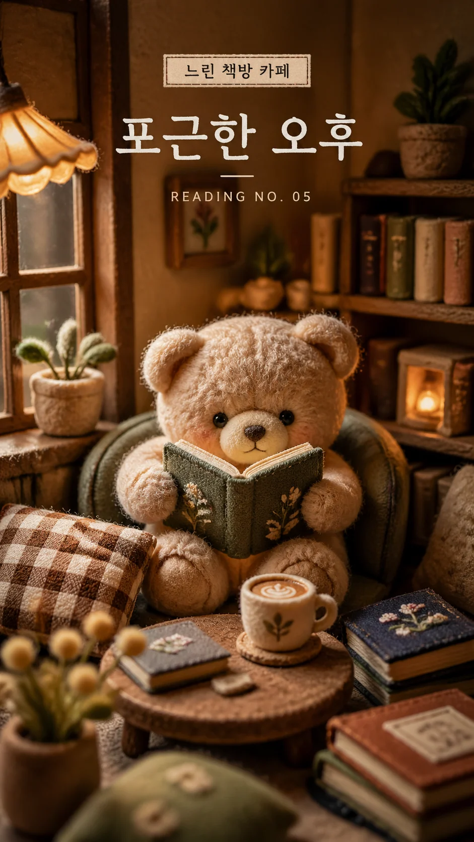 Cafe reading nook plush micro-world poster sample