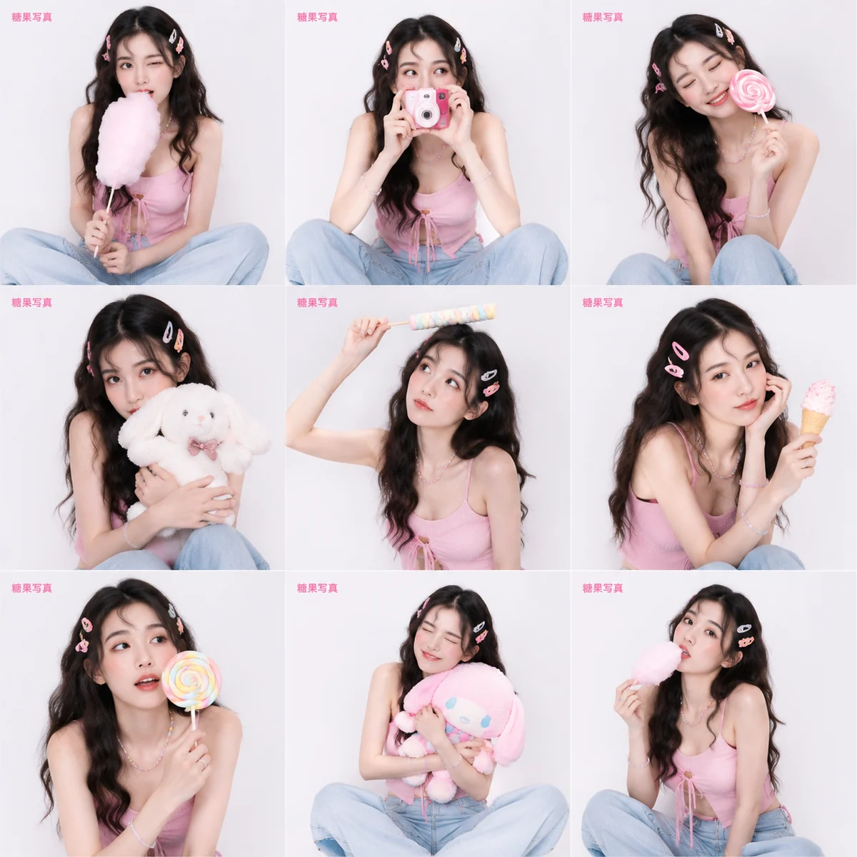 candy prop soft-girl contact sheet with playful poses