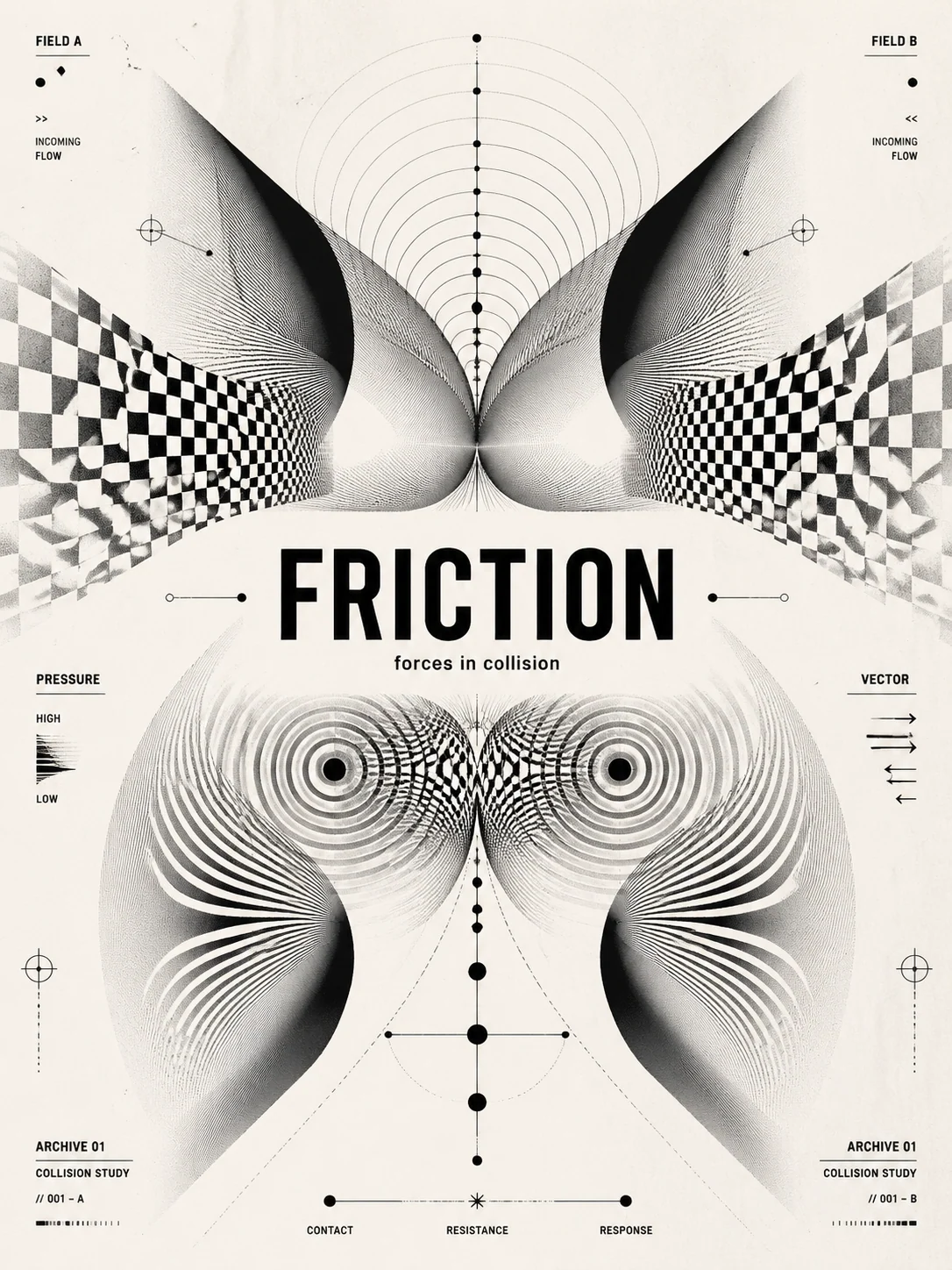 Black and white Op Art poster with central conflict typography