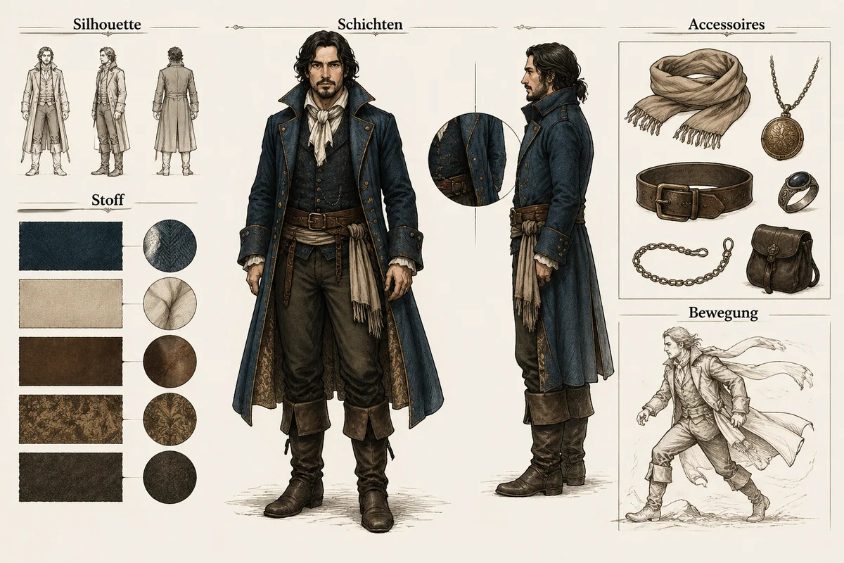 Original character costume redesign sheet with material callouts