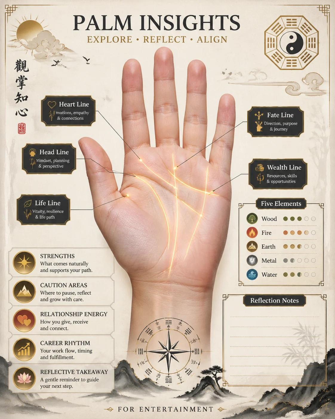 带掌纹标注和传统符号的手相信息图模板概览