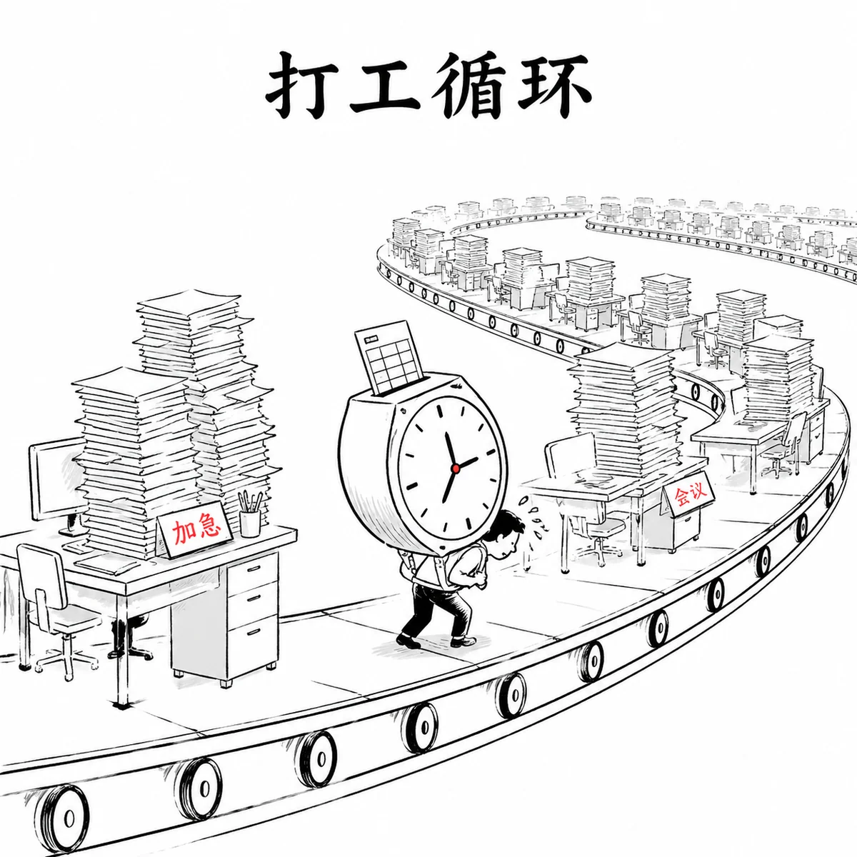 简体中文职场压力讽刺线稿插画示例