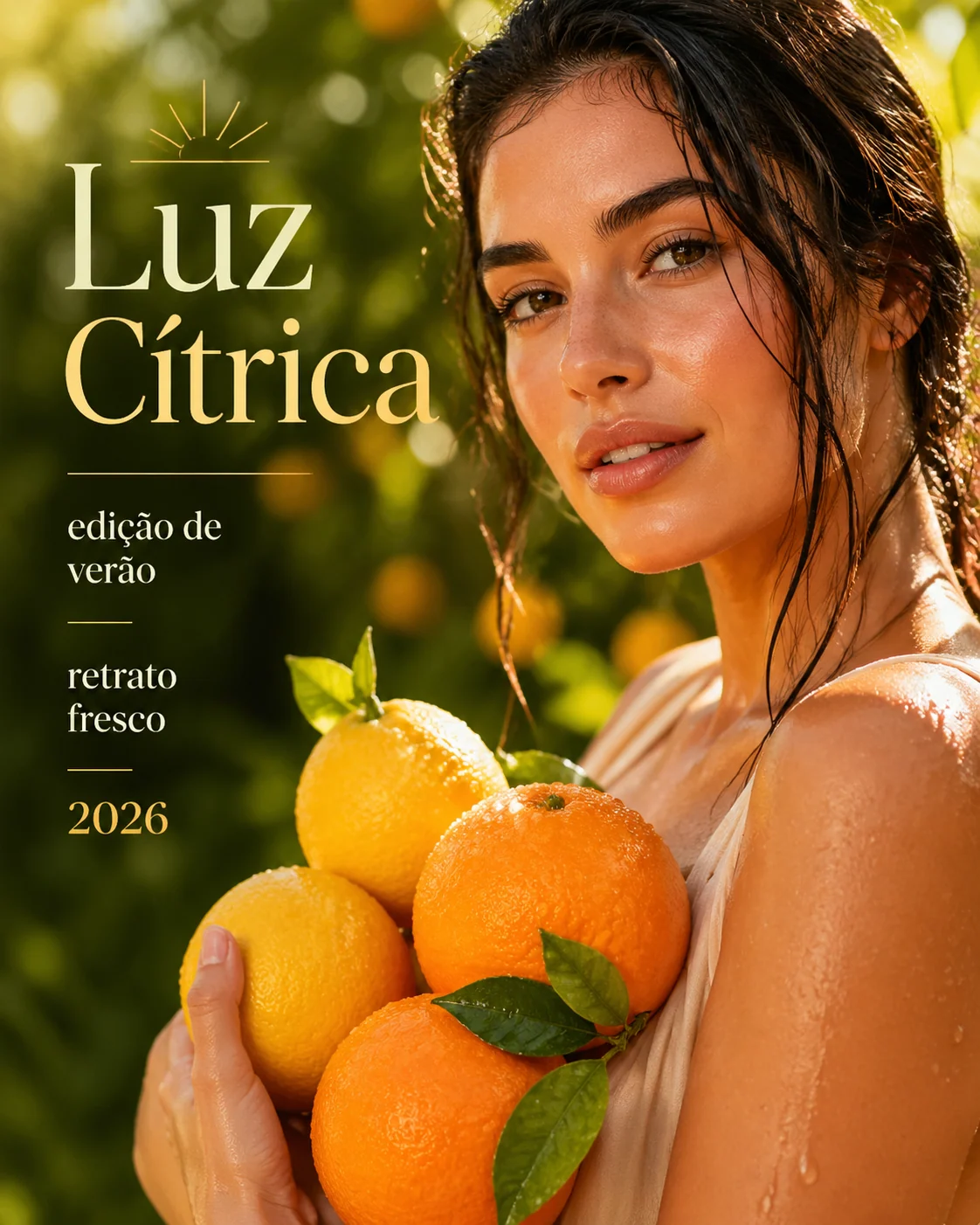 Capa editorial portuguesa com retrato e citrinos no jardim