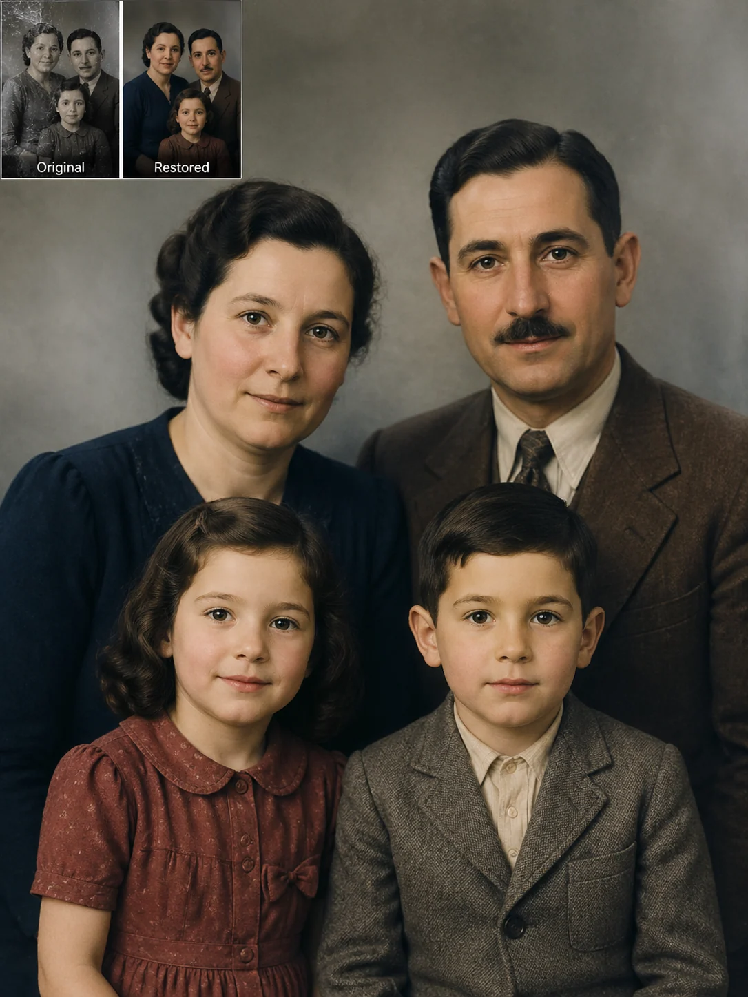 Restored old family portrait with natural color and preserved faces