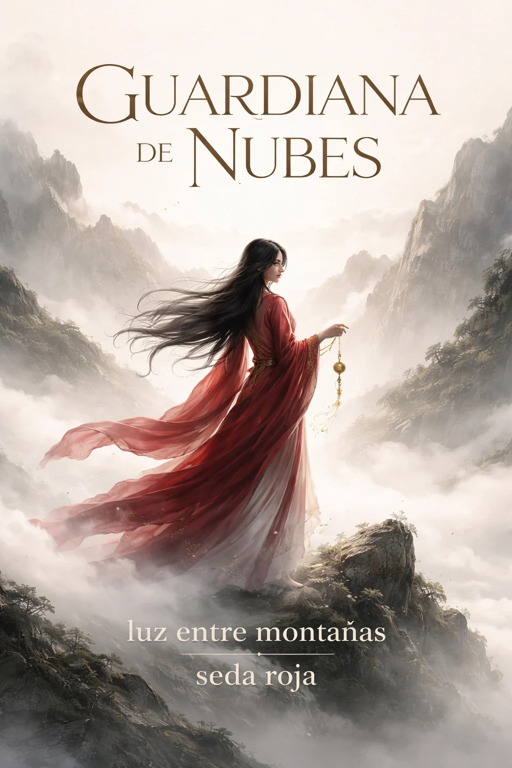 Portada espanola de fantasia wuxia con guardiana entre nubes