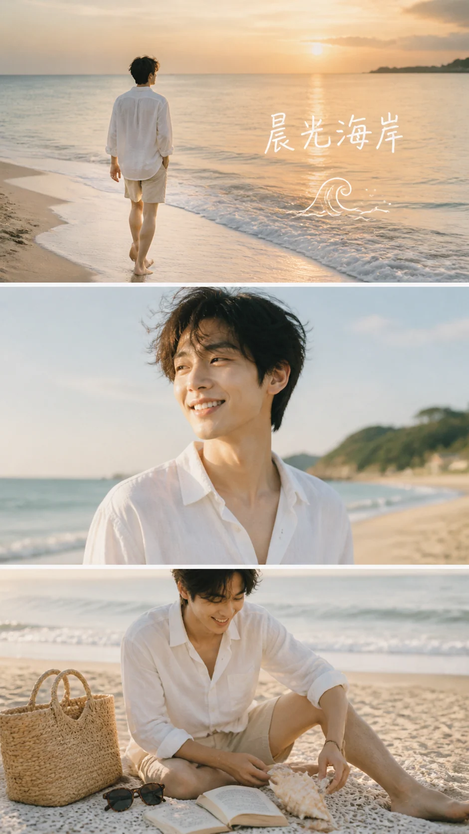 Coastal morning lifestyle collage with soft sunlight