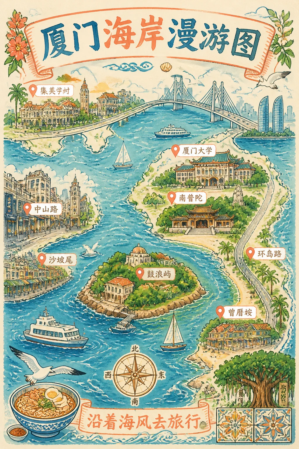 滨海或滨水城市旅行地图海报示例