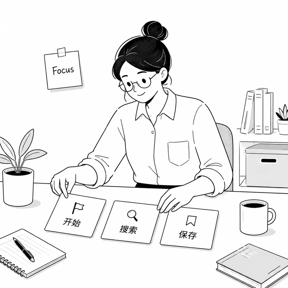 Minimal black and white illustration of an office worker holding a phone and coffee