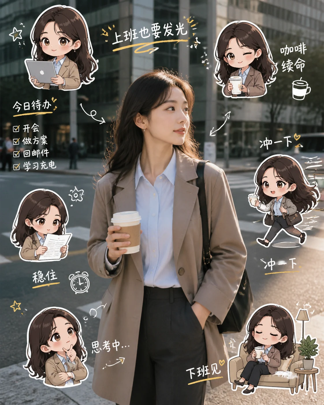 通勤工作日 Q 版分身手账照示例