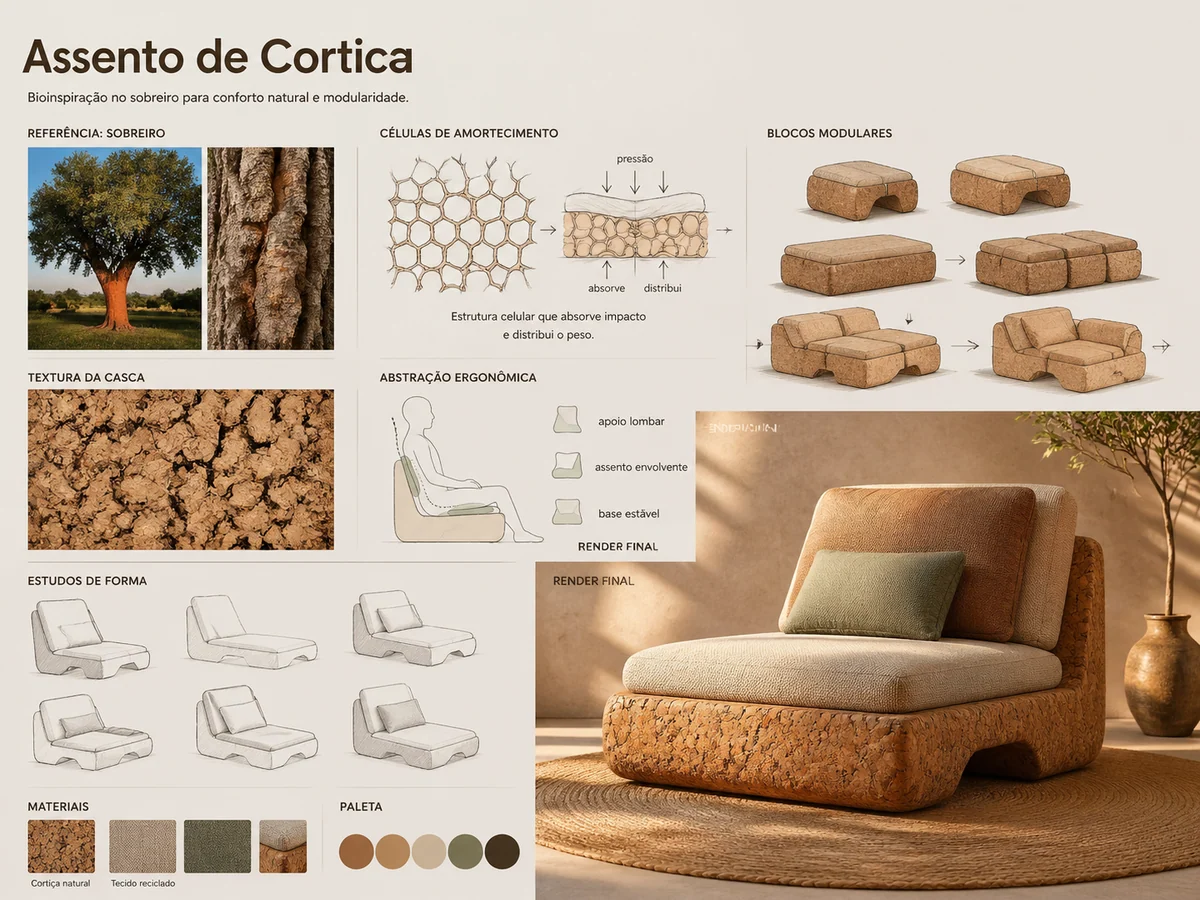 Quadro de conceito de assento inspirado na casca de cortica