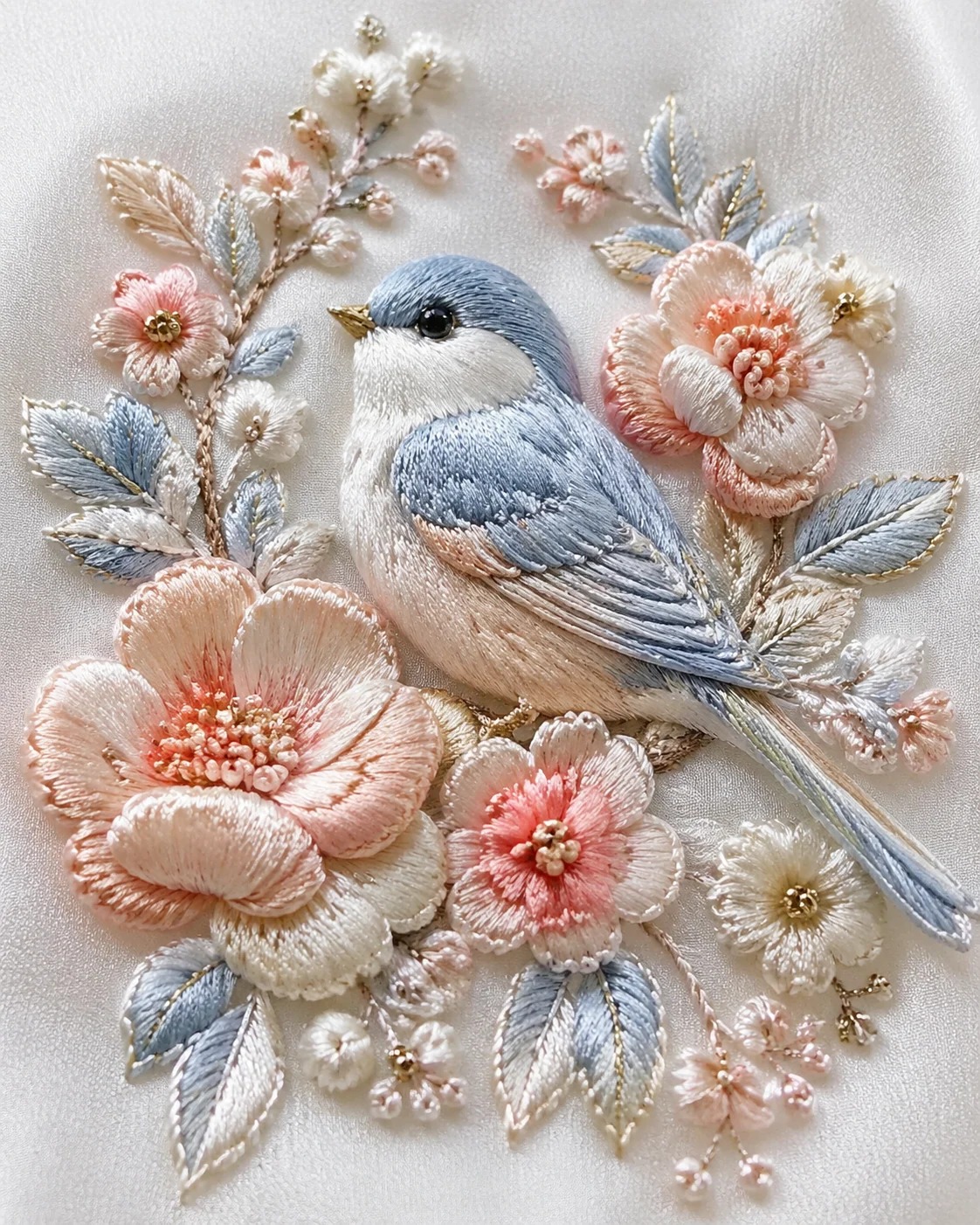 Couture floral bird brooch in silk thread embroidery