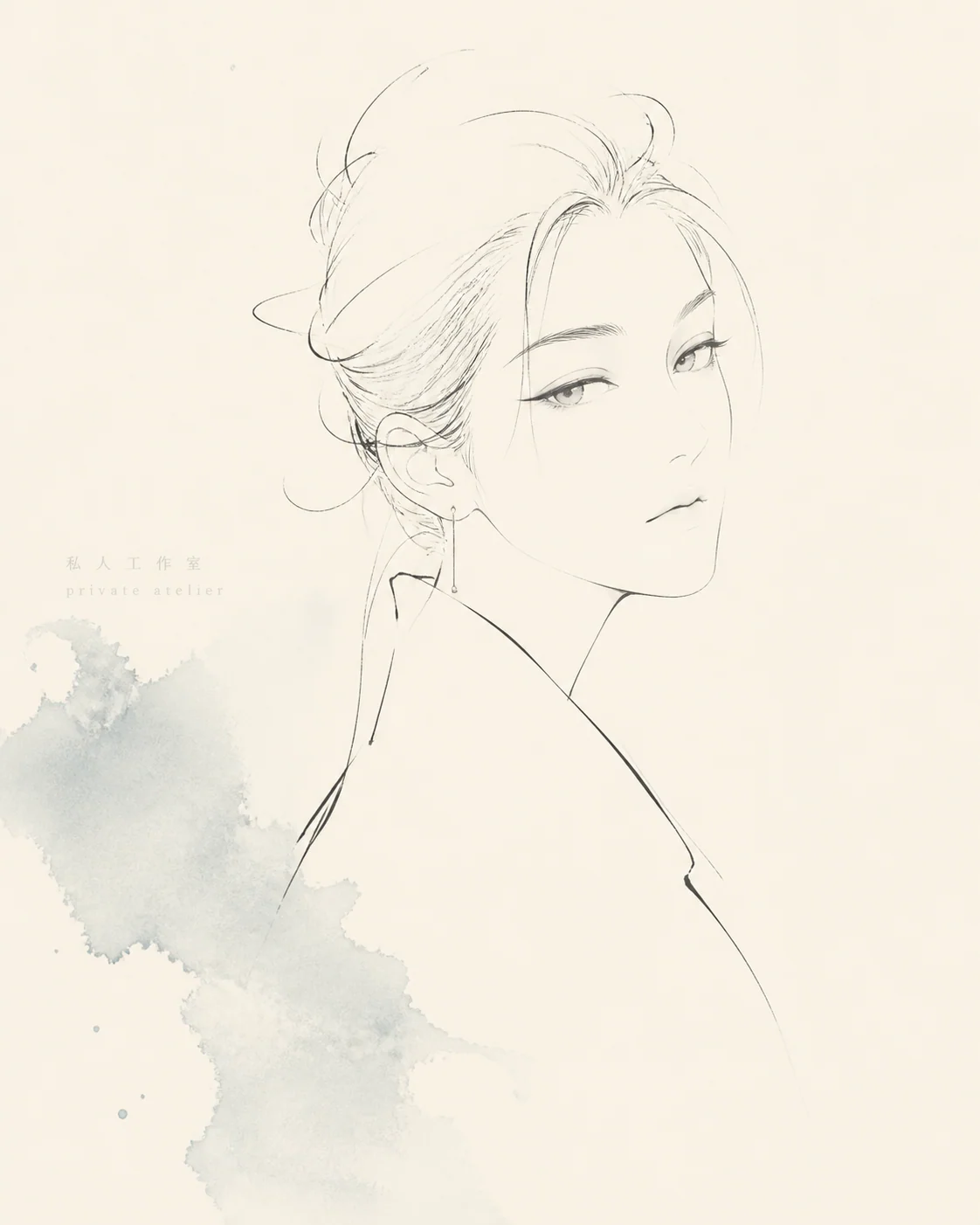 Minimal couture line portrait with pale accent wash