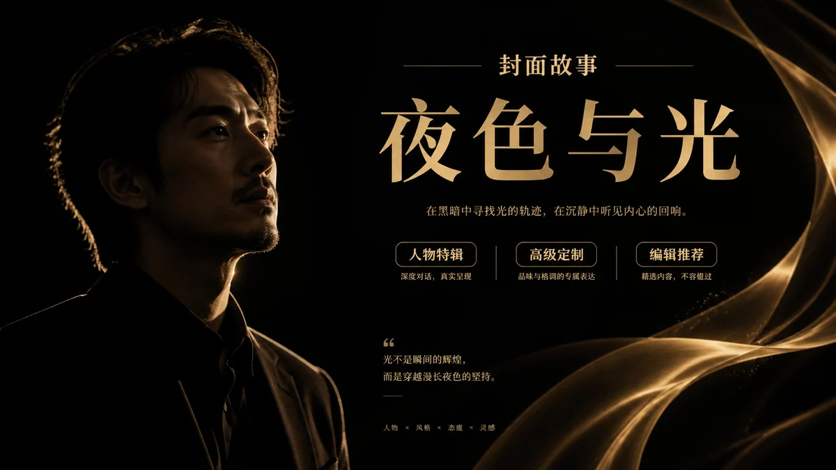 Landscape black and gold editorial cover spread 示例图