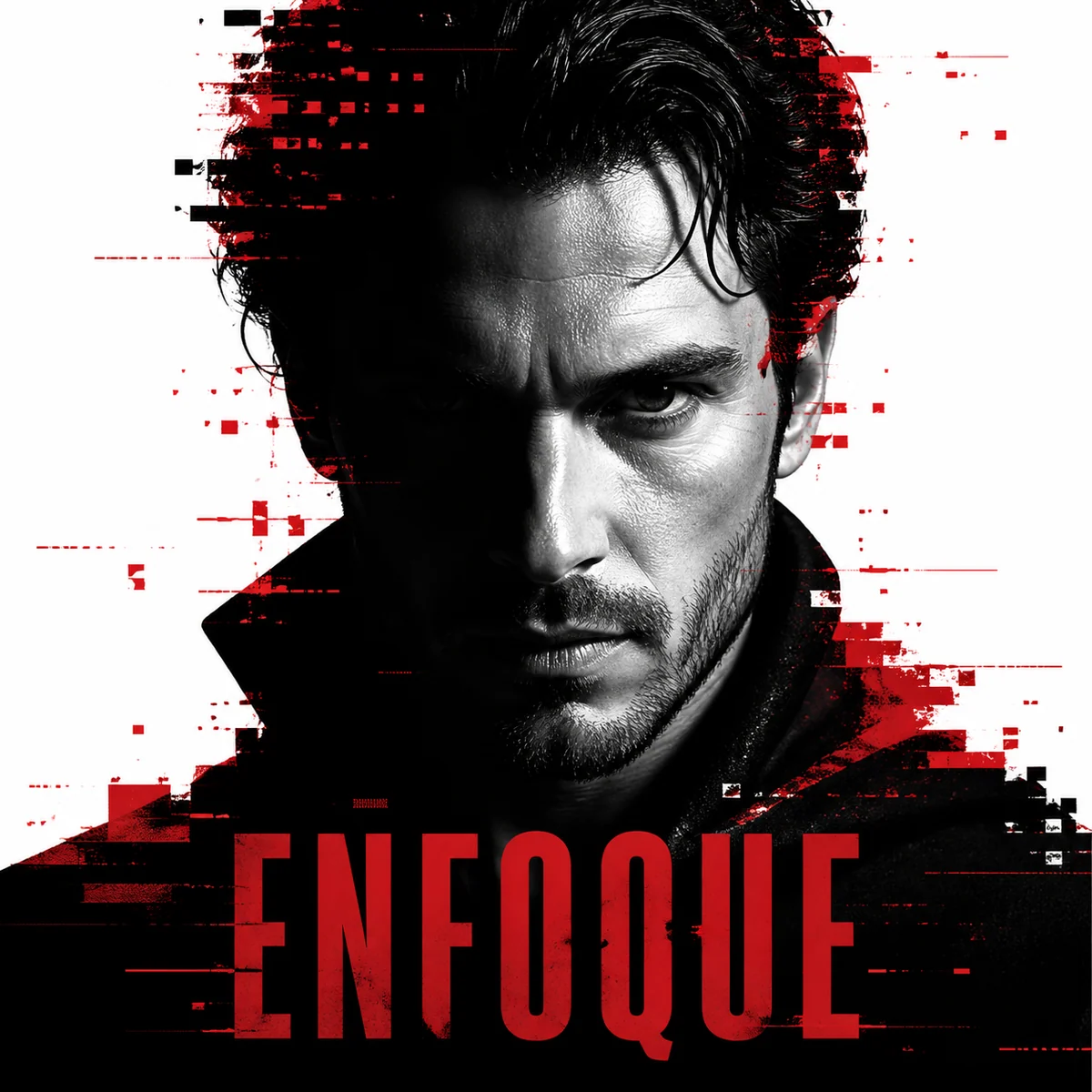 Creator avatar poster with noir lighting and red glitch marks