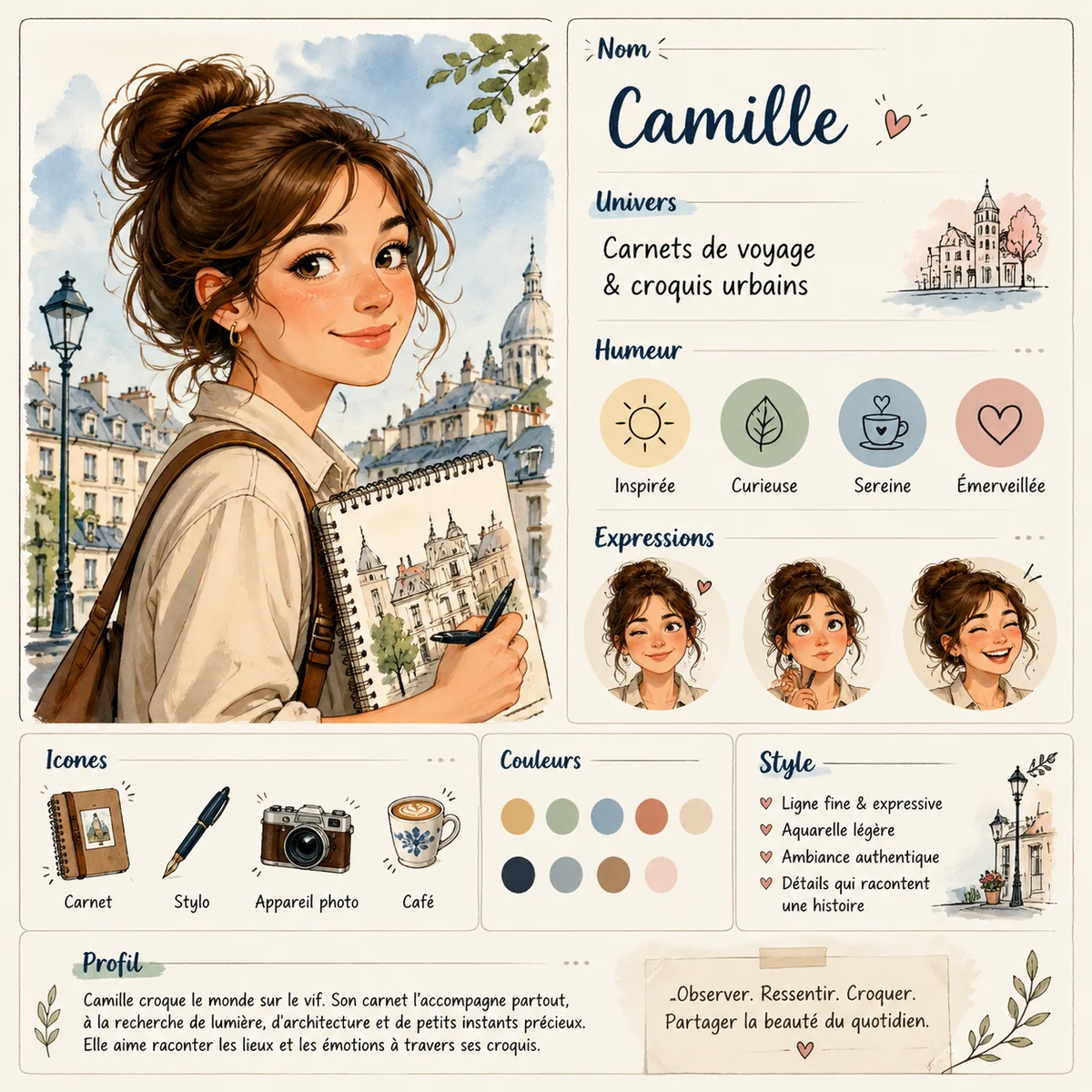 Creator avatar profile card with portrait, mood icons, palette, and profile details