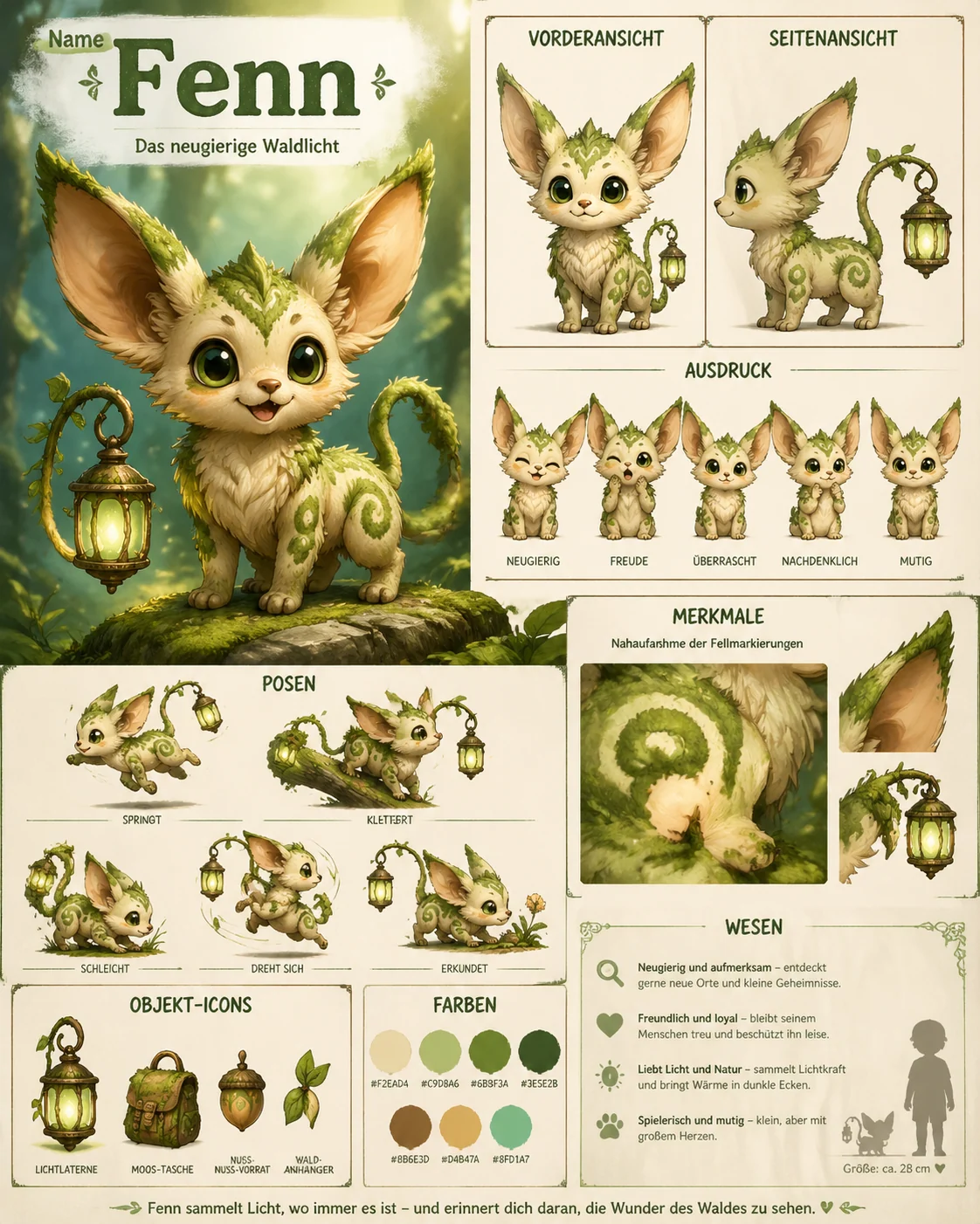 Creature companion design sheet with poses, expressions, icons, color markings, and traits