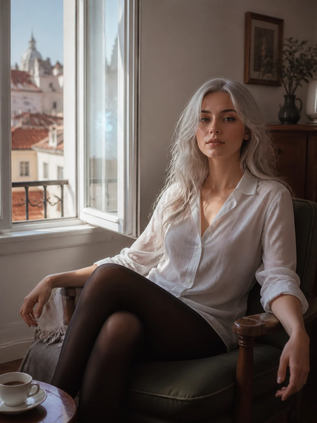 Quiet white shirt silver-haired muse portrait sample