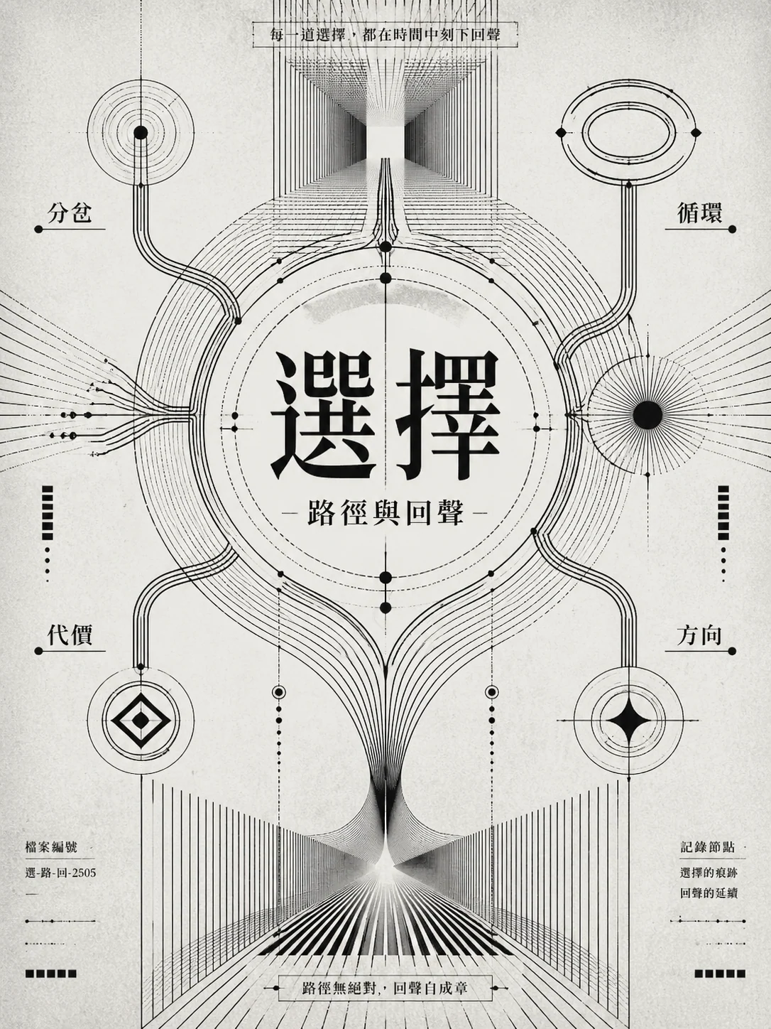 Optical decision path poster with nodes and title typography