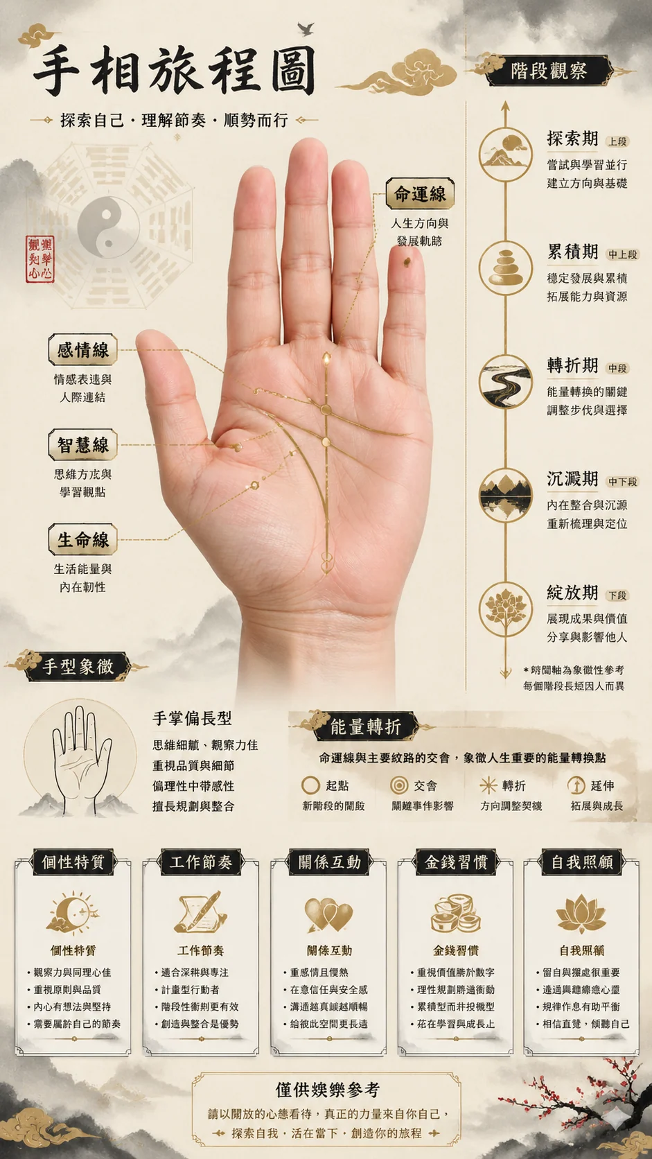 繁體中文命運線旅程手相長圖