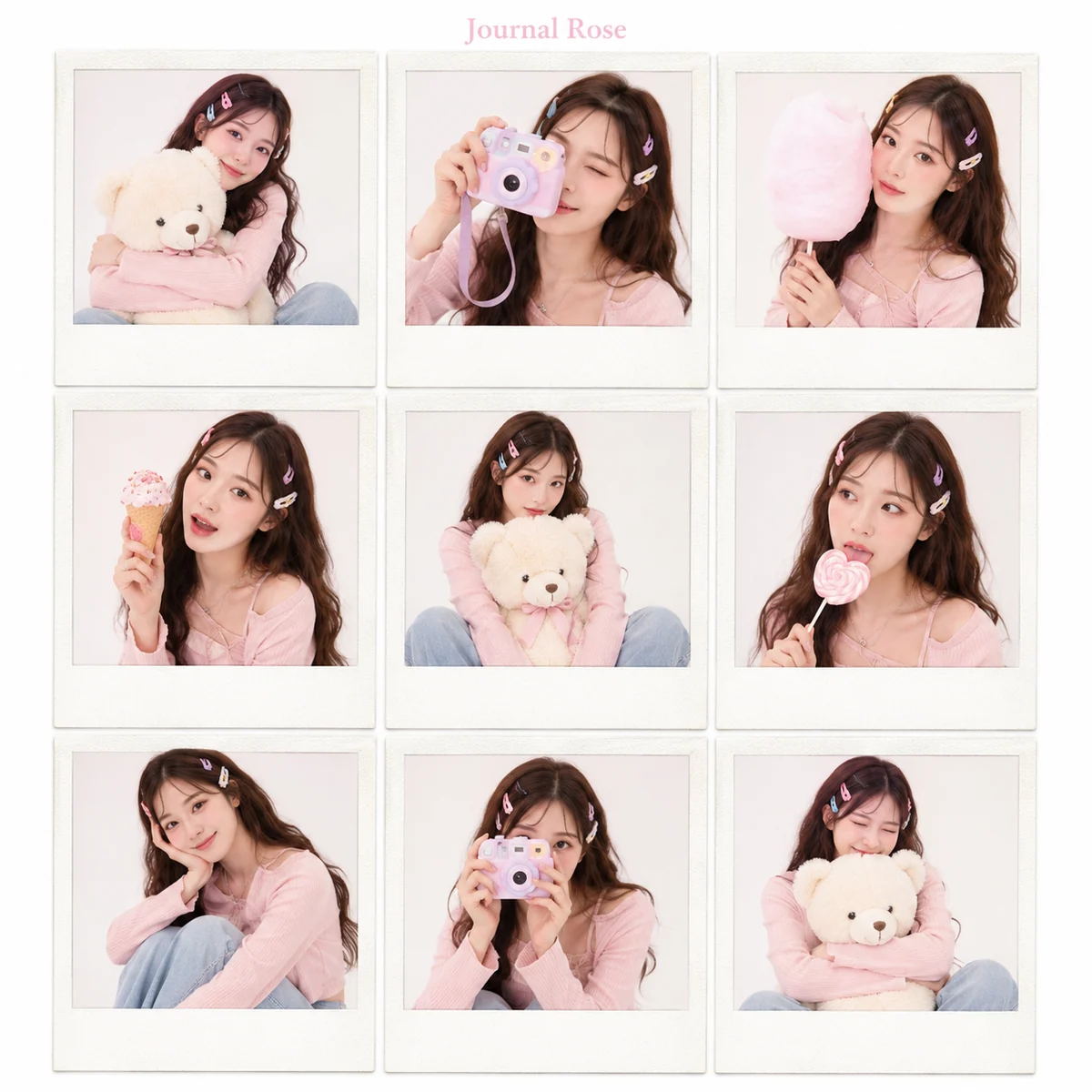 dreamy pastel polaroid soft-girl portrait grid