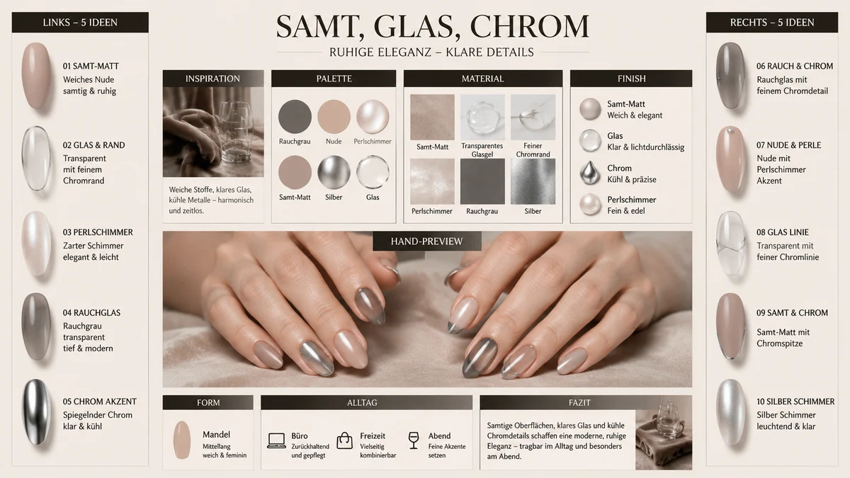 German editorial nail material board with finish samples