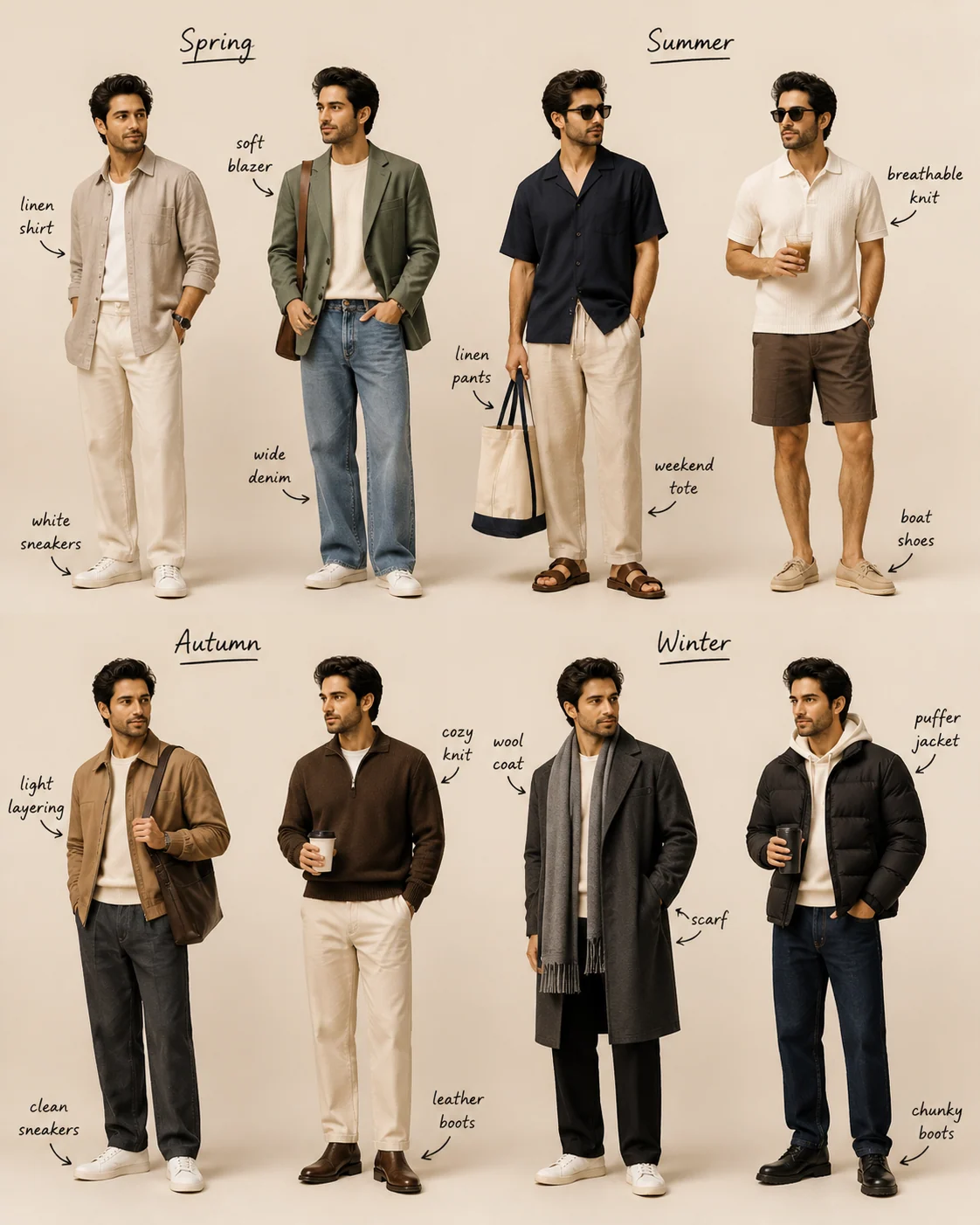 Eight casual full-body outfits in a freeform editorial collage