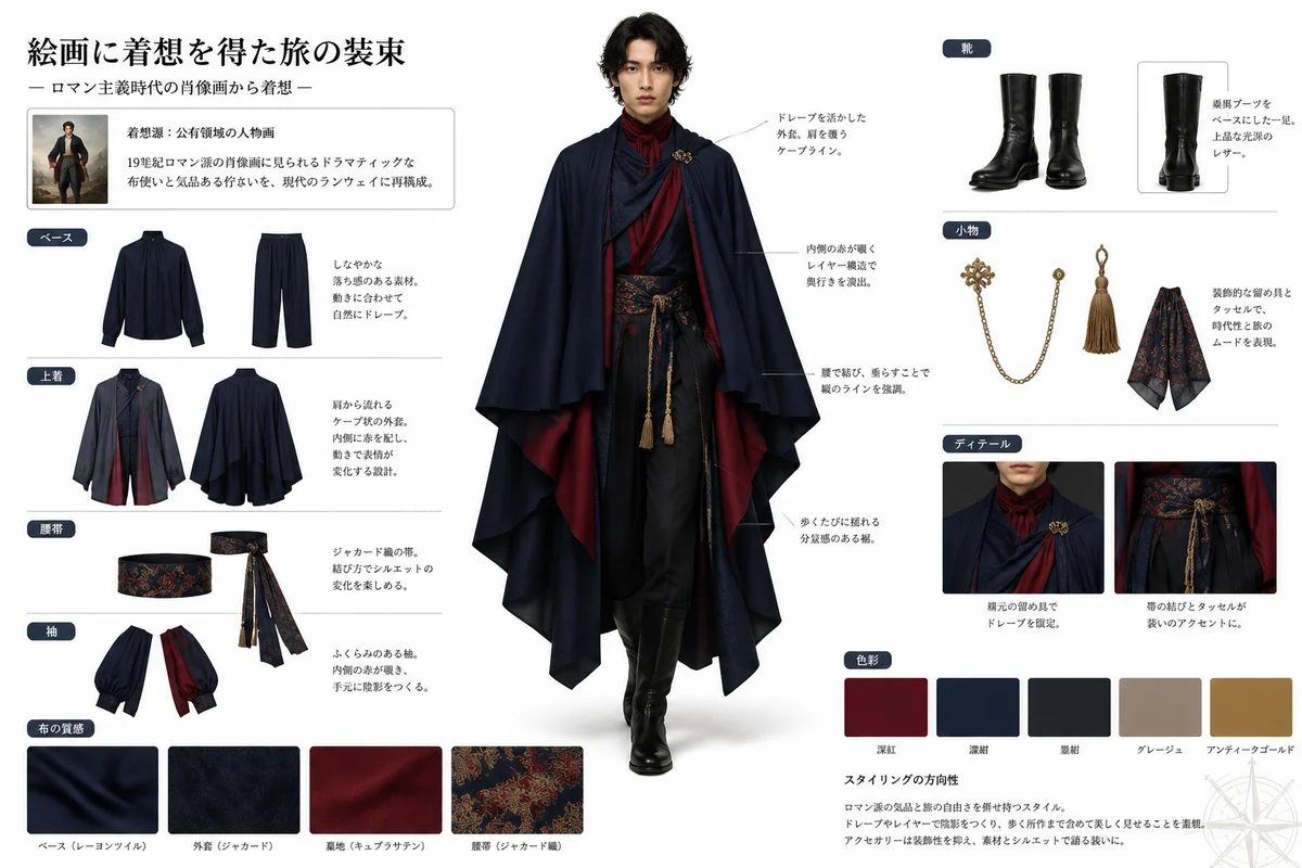 Layered ensemble map showing outfit structure and accessories