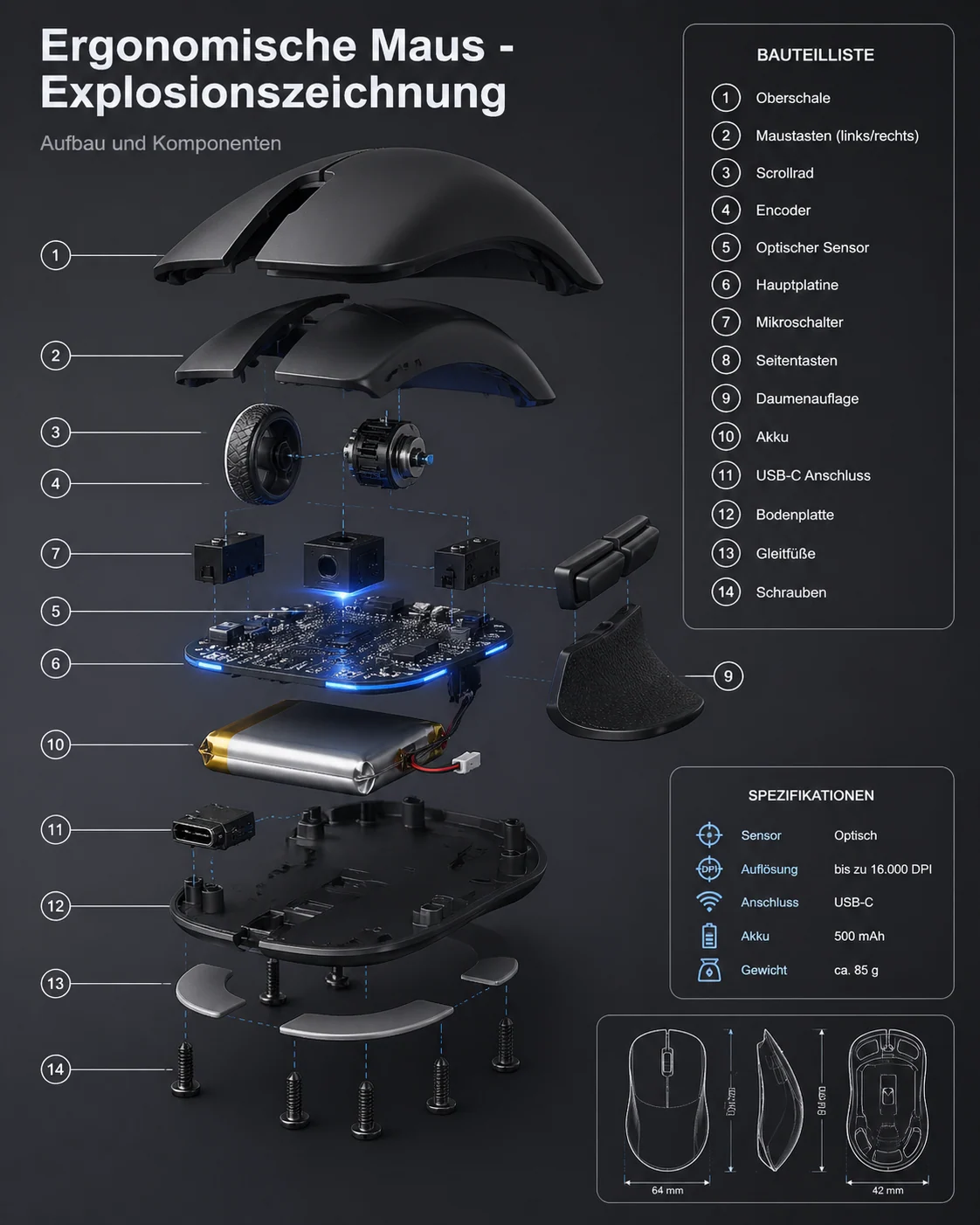 Explosionszeichnung einer ergonomischen Computermaus