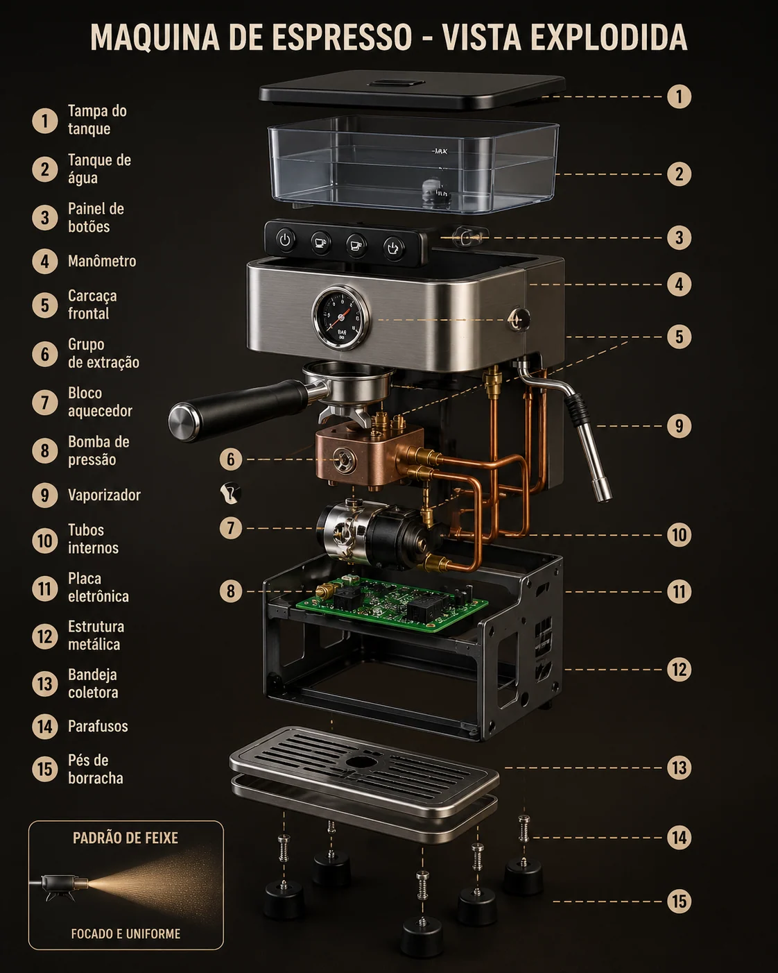 Diagrama explodido de maquina de espresso compacta